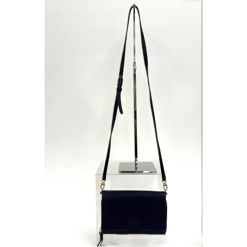 Tory Burch Thea Flat Wallet Crossbody Bag Pebbled Leather Navy Blue